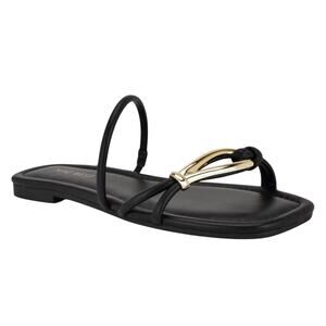 Nine West Tigra Square Toe Strappy Slide Flat Sandal Black Gold Size 7M